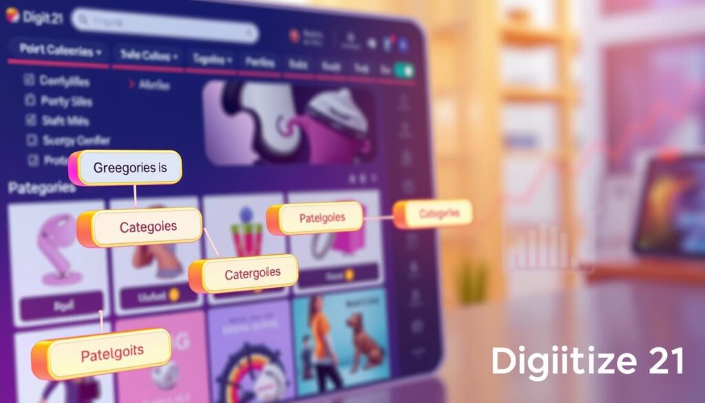 A digital illustration of a stylized breadcrumb navigation trail on an e-commerce website, featuring smooth, sleek buttons representing categories and subcategories. The background displays a vibrant online shopping interface