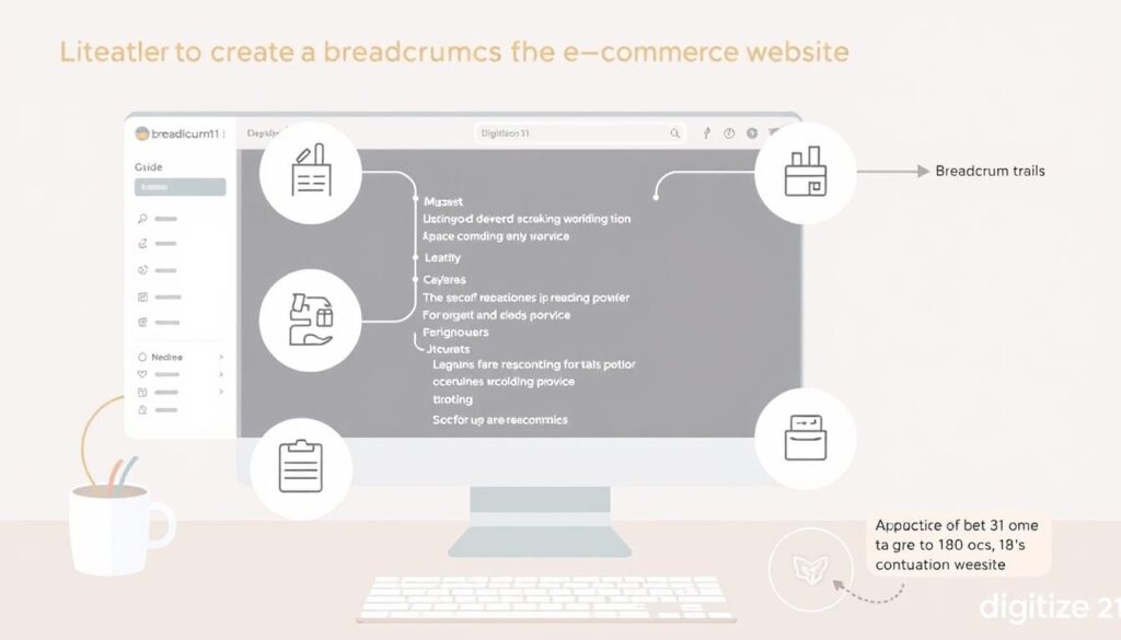 An illustrated step-by-step guide to creating breadcrumbs for an e-commerce website, showing a digital interface with breadcrumb trails, organized navigation paths, and visual hierarchy, featuring a modern desktop setting